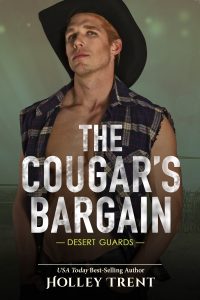 The cover of The Cougar's Bargain by Holley Trent, features a man with open shirt and black cowboy hat over misty background