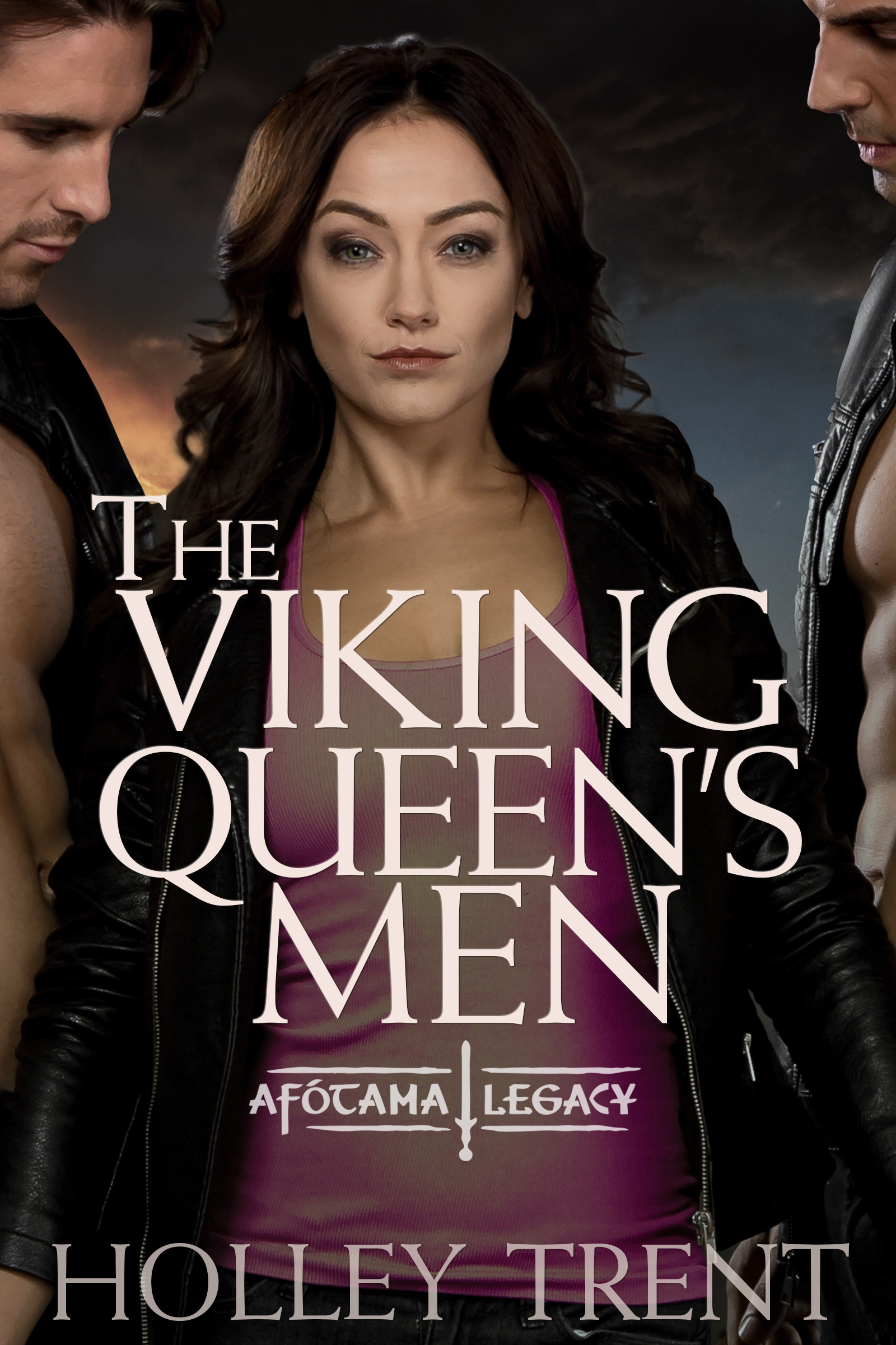 new cover of The Viking Queen's Men. Has a dark-haired woman at center flanked by two tall men. Background is a setting-sun sky in the desert.