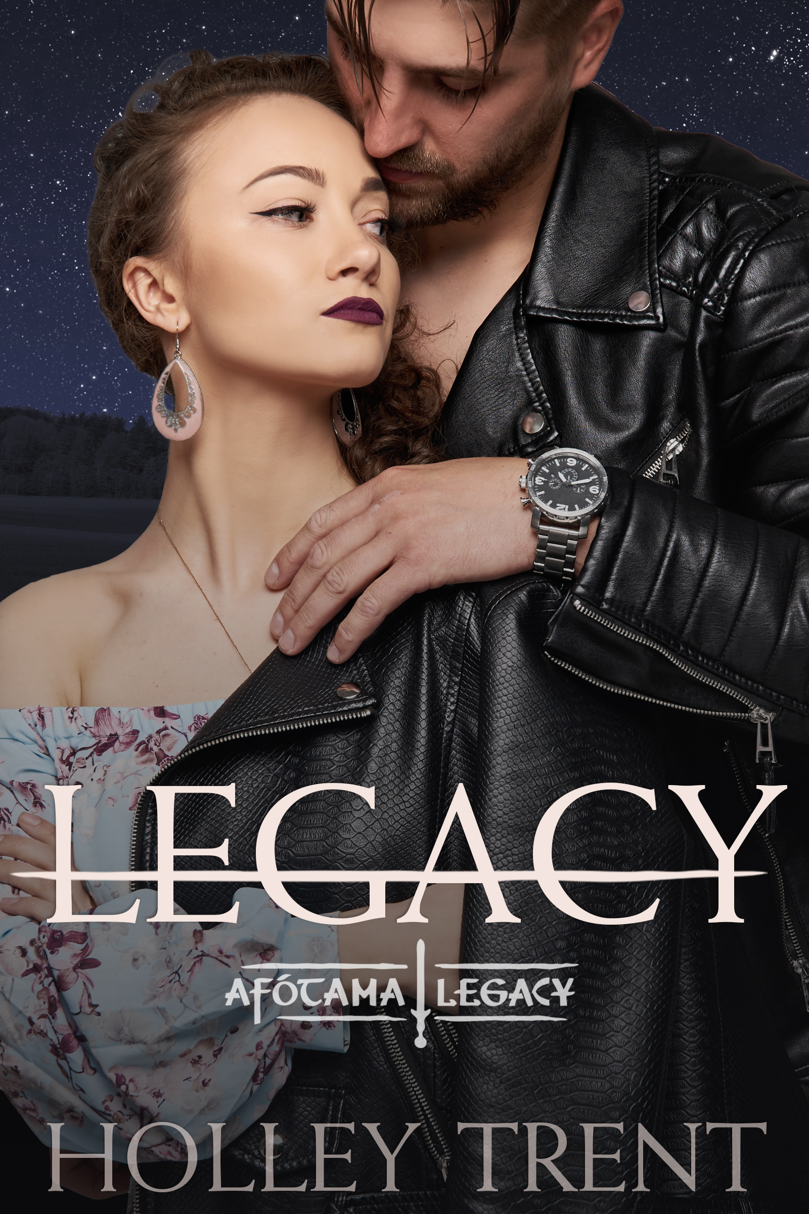 Cover of The Afotama Legacy book entitled Legacy. Has a man in black leather jacket embracing a shorter woman in pastel dress.