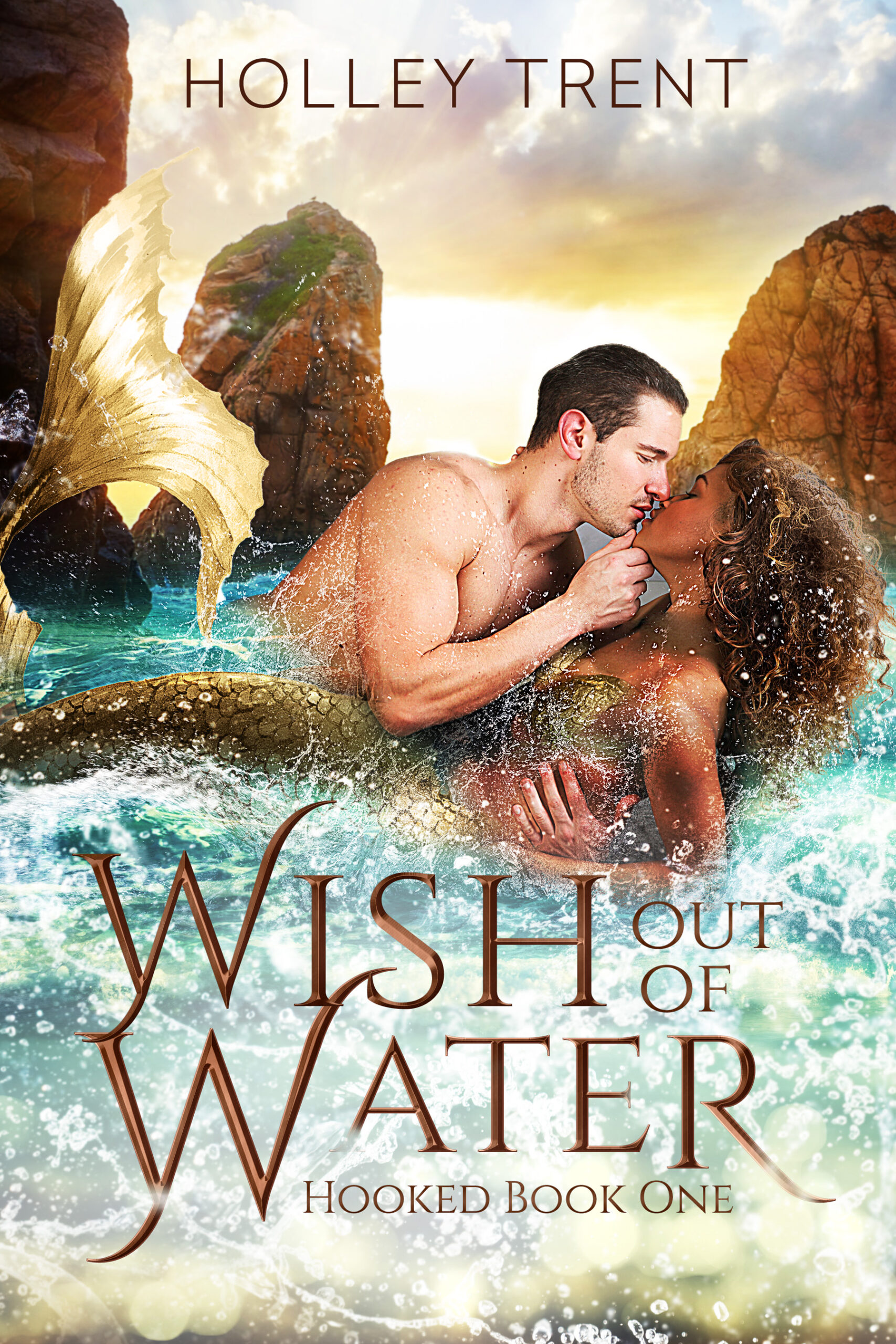 Wish out of Water cover with artwork by Fiona Jayde. There's a brown-skinned mermaid held in a clinch in shallow water by a shirtless man.