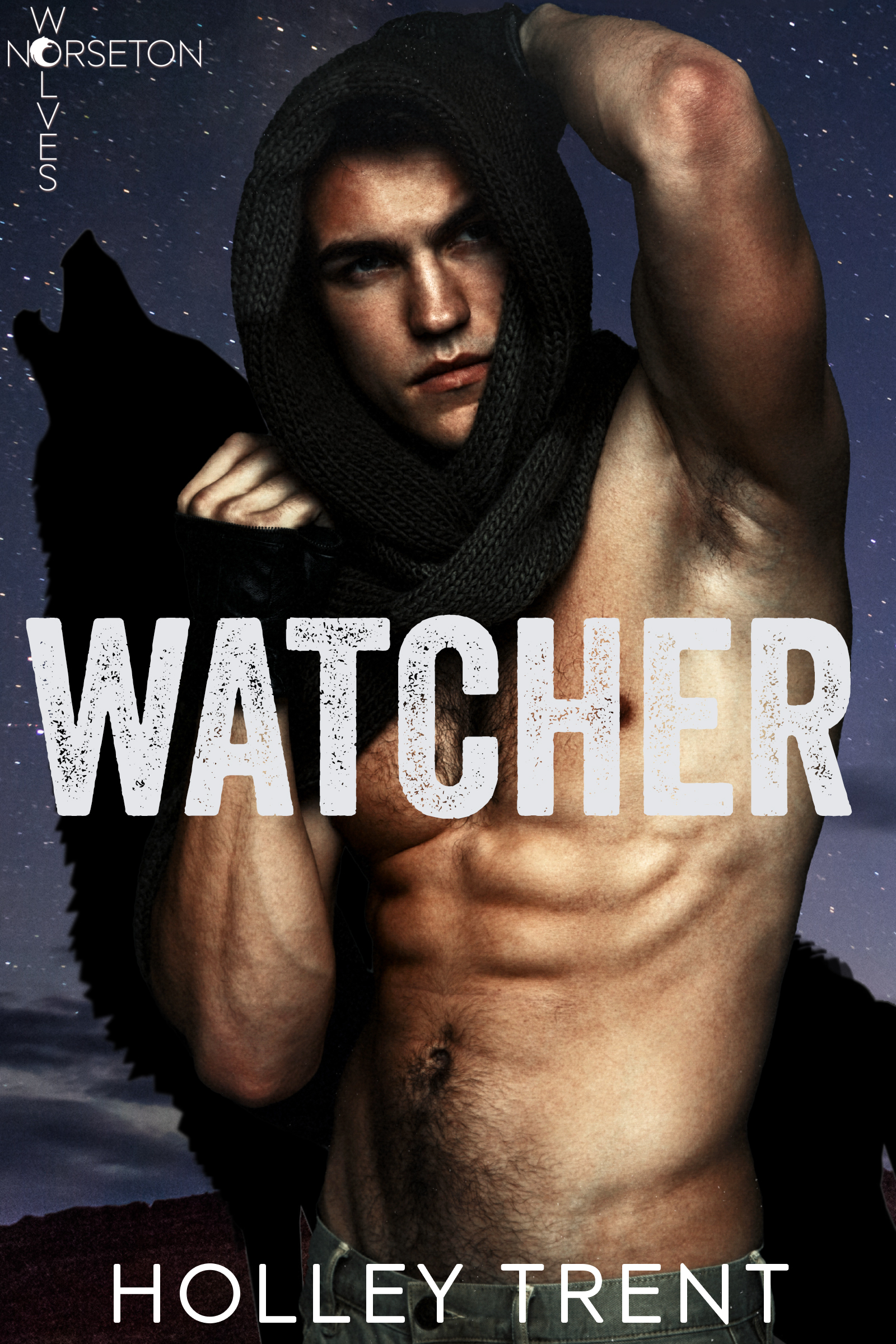 Cover for Norseton Wolves Book 10 Watcher by Holley Trent has a shirtless man draping cloth around his head. A silhouetted wolf is in the background in front of a dark desert horizon.