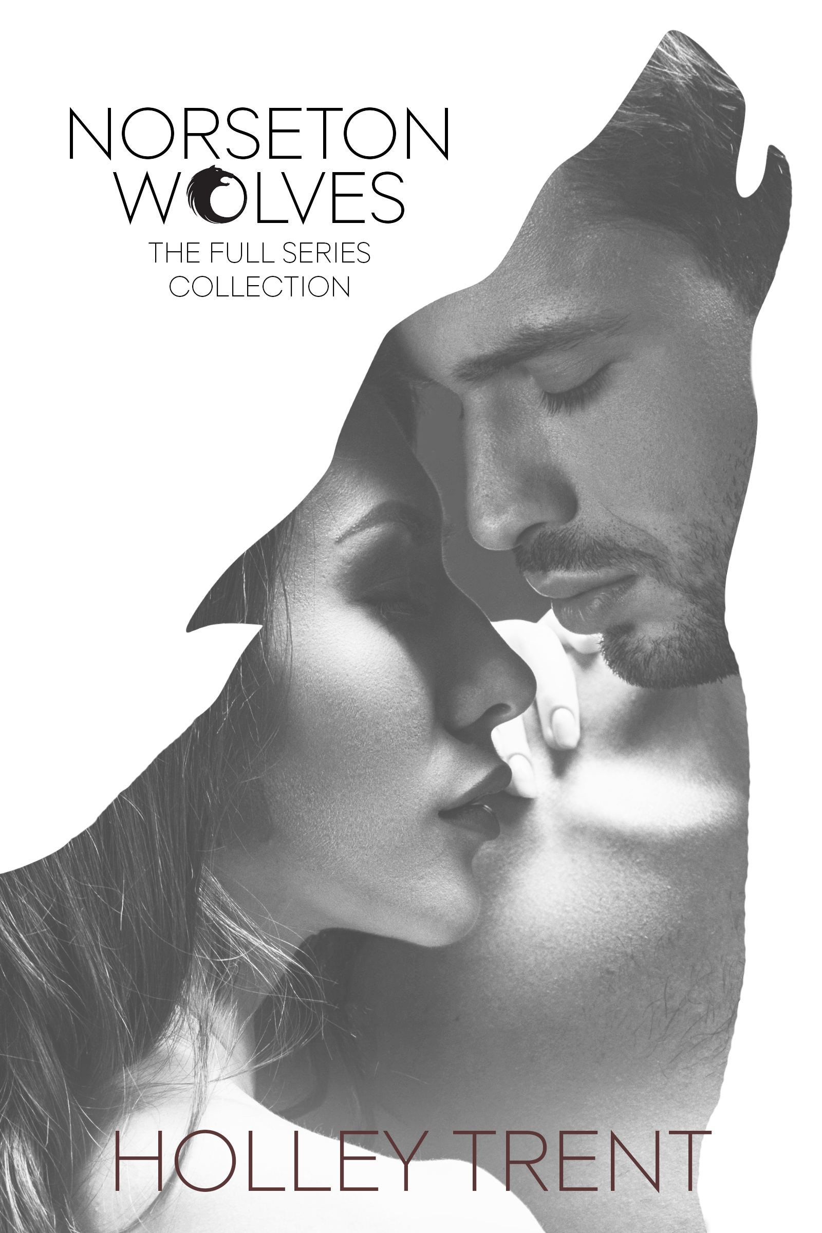cover of Holley Trent's werewolf series cover for Norseton Wolves has a silhouette of a howling wolf inset with an embracing couple